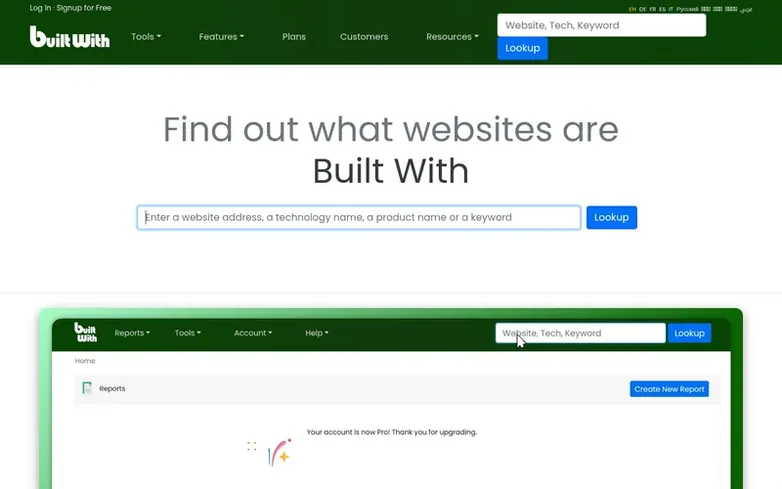 Screenshot of the BuiltWith® homepage