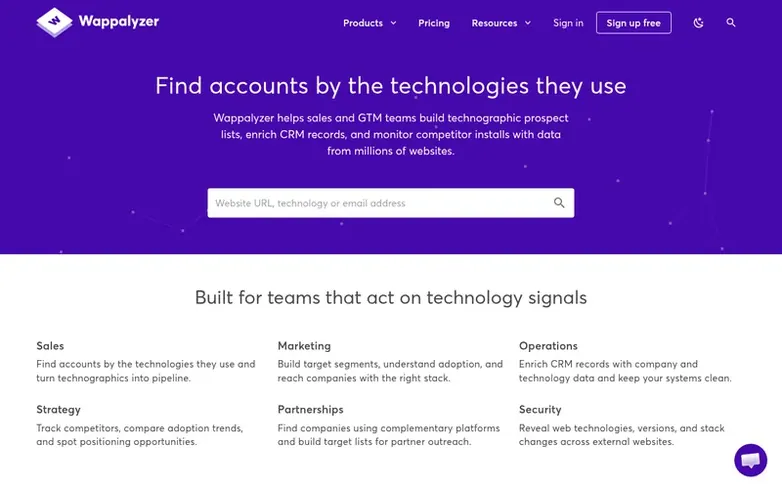 Screenshot of the Wappalyzer homepage