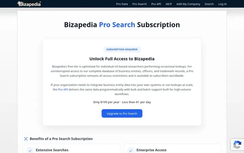 Screenshot of the Bizapedia Pro Search™ homepage