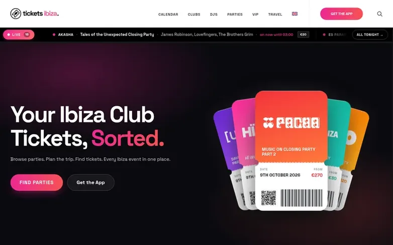Screenshot of the Tickets Ibiza homepage