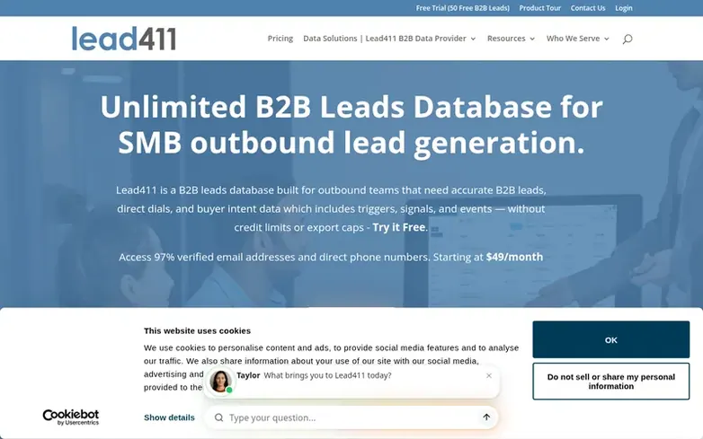 Screenshot of the Lead411 homepage