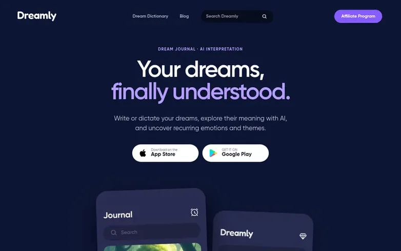 Screenshot of the Dreamly homepage