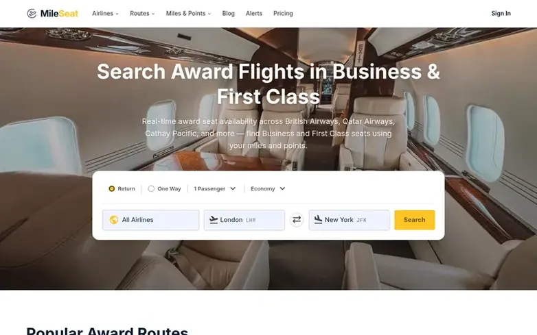 Screenshot of the MileSeat homepage