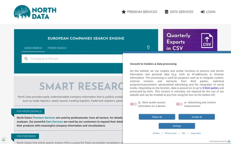 Screenshot of the North Data homepage