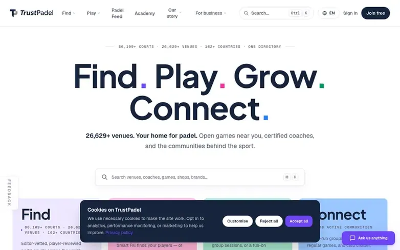 Screenshot of the TrustPadel homepage