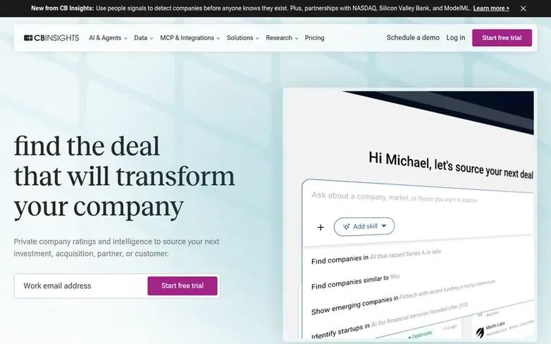 Screenshot of the CB Insights homepage
