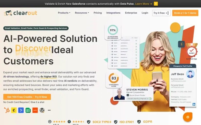 Screenshot of the Clearout homepage