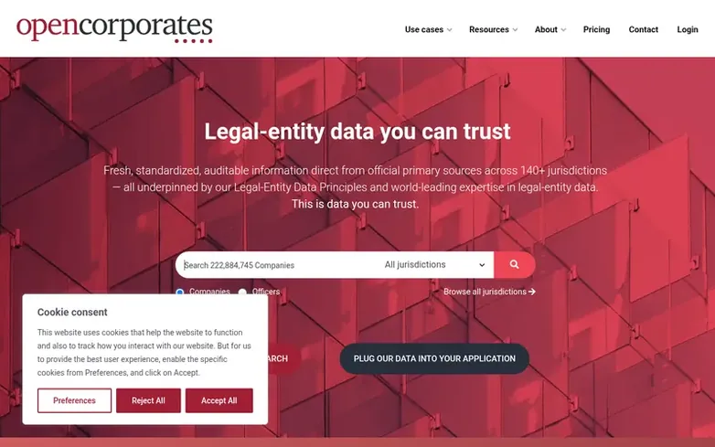 Screenshot of the OpenCorporates homepage