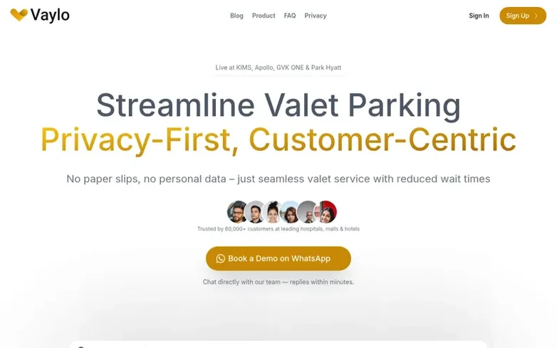Screenshot of the Vaylo homepage