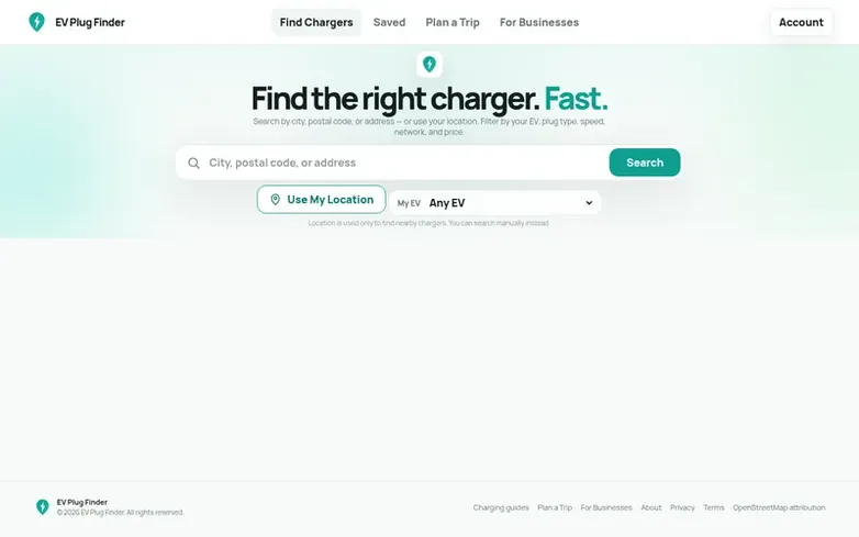 Screenshot of the EV Plug Finder homepage