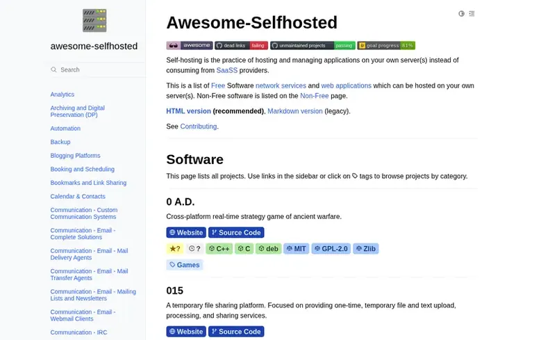 Screenshot of the awesome-selfhosted homepage