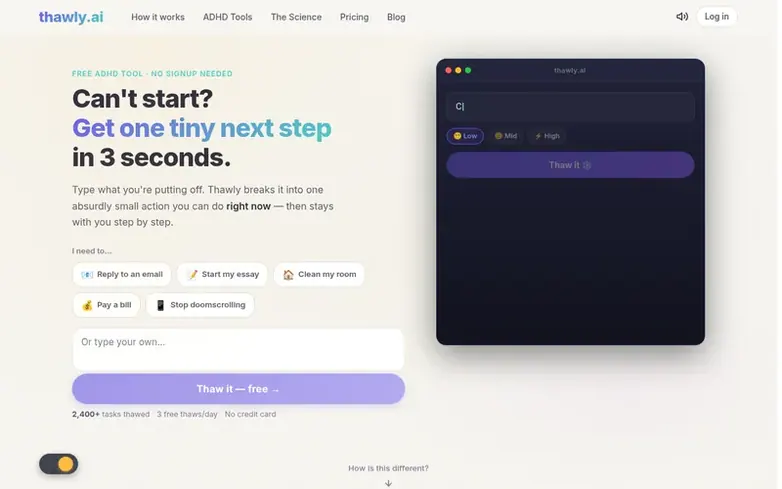 Screenshot of the Thawly homepage