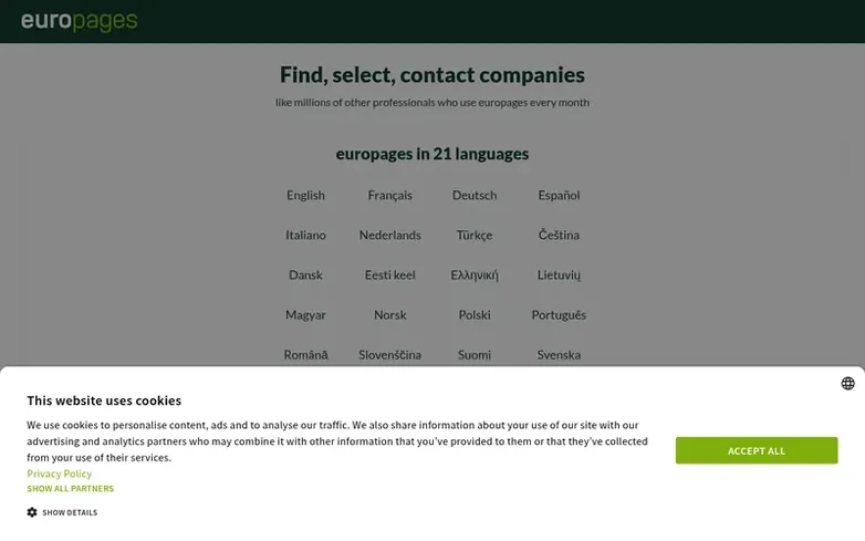 Screenshot of the Europages homepage