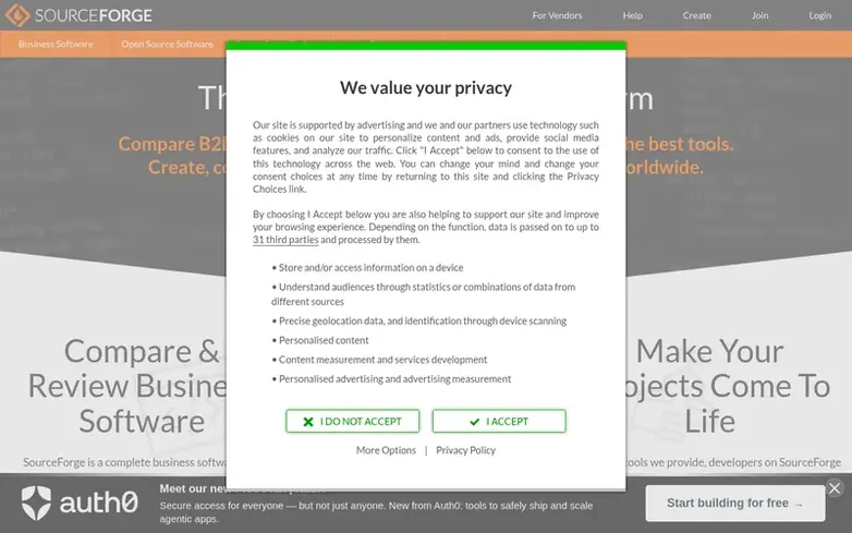 Screenshot of the SourceForge homepage