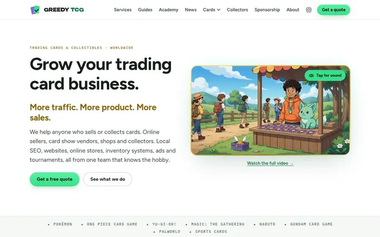 Screenshot of the Greedy TCG homepage