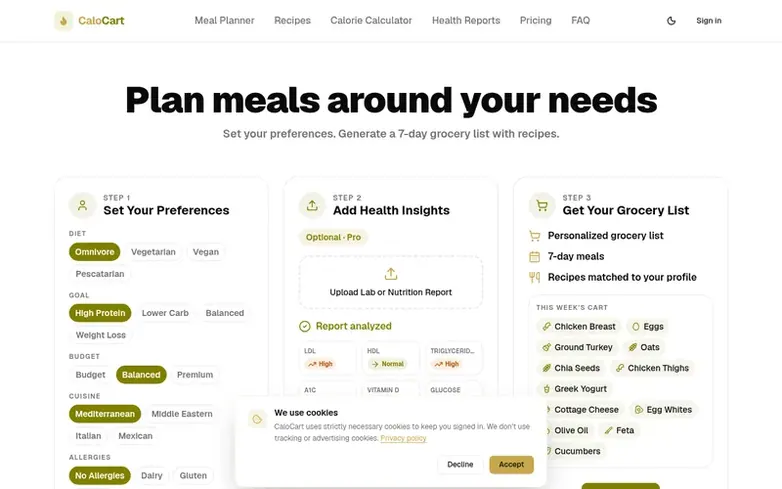 Screenshot of the CaloCart homepage