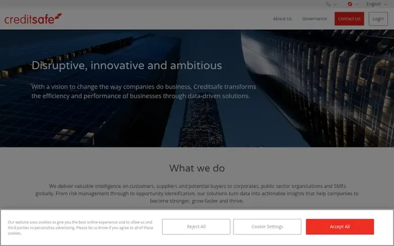 Screenshot of the Creditsafe homepage