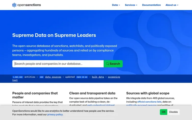Screenshot of the OpenSanctions homepage