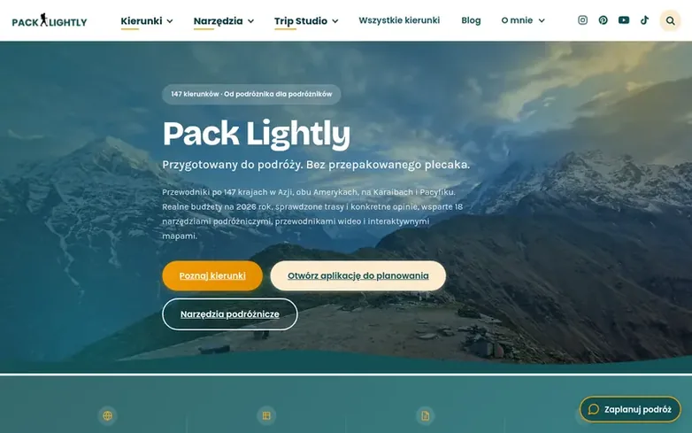 Screenshot of the Pack Lightly homepage