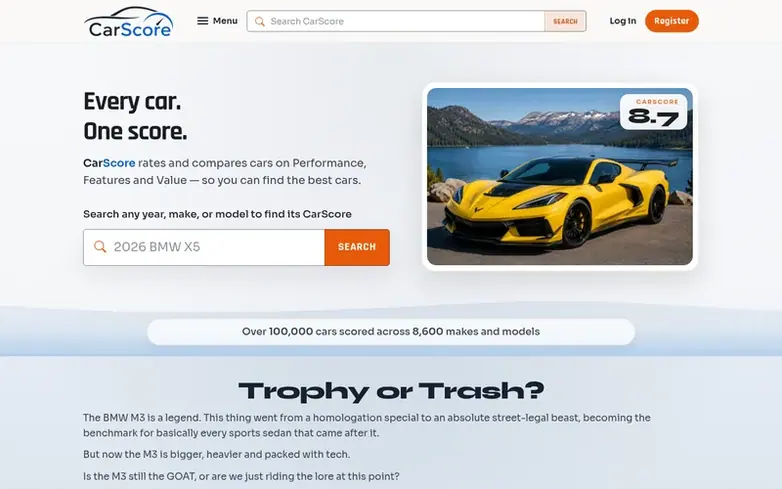 Screenshot of the CarScore homepage