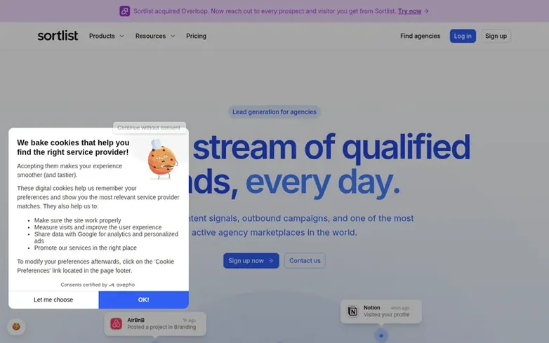 Screenshot of the Sortlist homepage